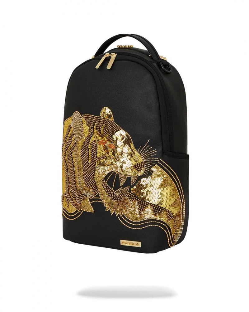 Sprayground Backpack Ai BEAD TIGER DLXSV BACKPACK Gold Black | UIMNY3578