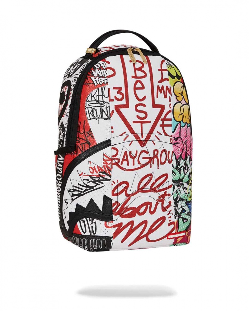 Sprayground Backpack TRI SPLIT GRAFFITI DLXSV BACKPACK White | OXSQM0961