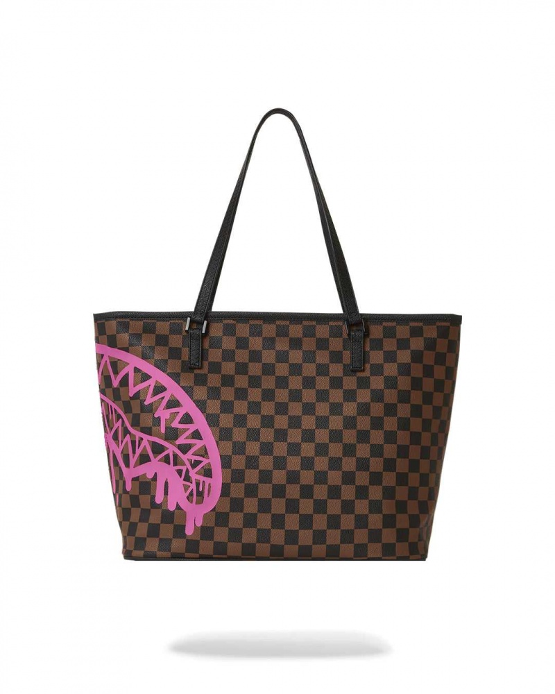 Sprayground Bag DRIP CHECK TOTE BAG Pink Brown | BMVIR5286