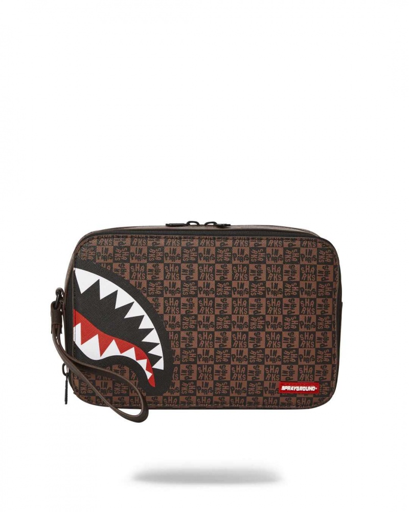 Sprayground Bag SHARKS IN PARIS CHECK TOILETRY BAG Brown | SMHLA7813