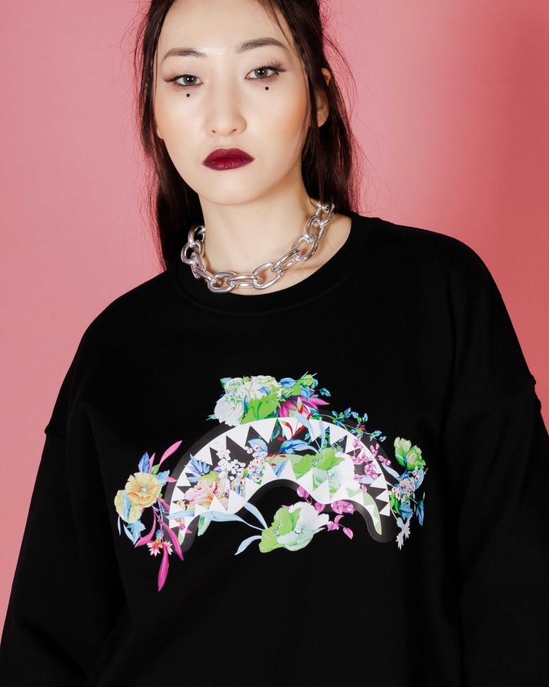 Sprayground Sweatshirt NEON FLORAL SHARK CREWNECK Black | DEVYZ9851