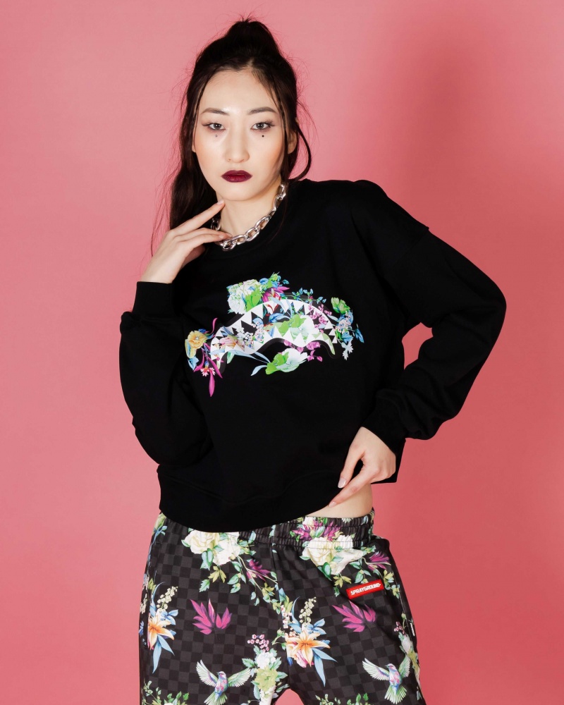 Sprayground Sweatshirt NEON FLORAL SHARK CREWNECK Black | DEVYZ9851