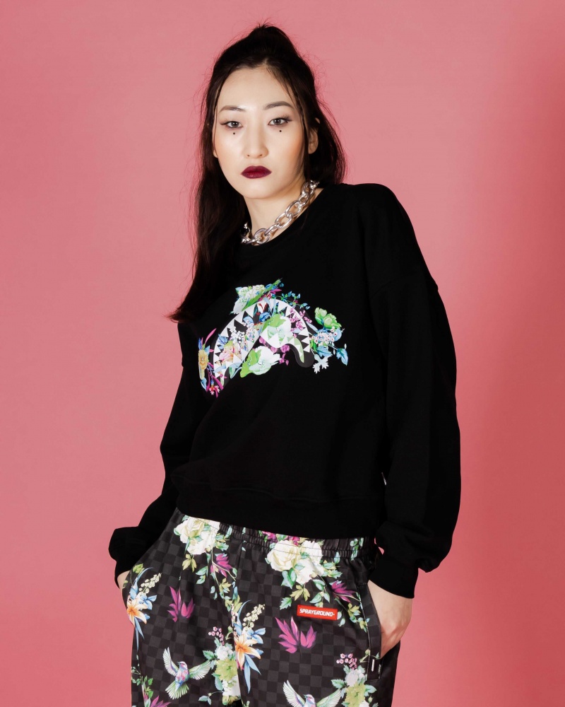 Sprayground Sweatshirt NEON FLORAL SHARK CREWNECK Black | DEVYZ9851