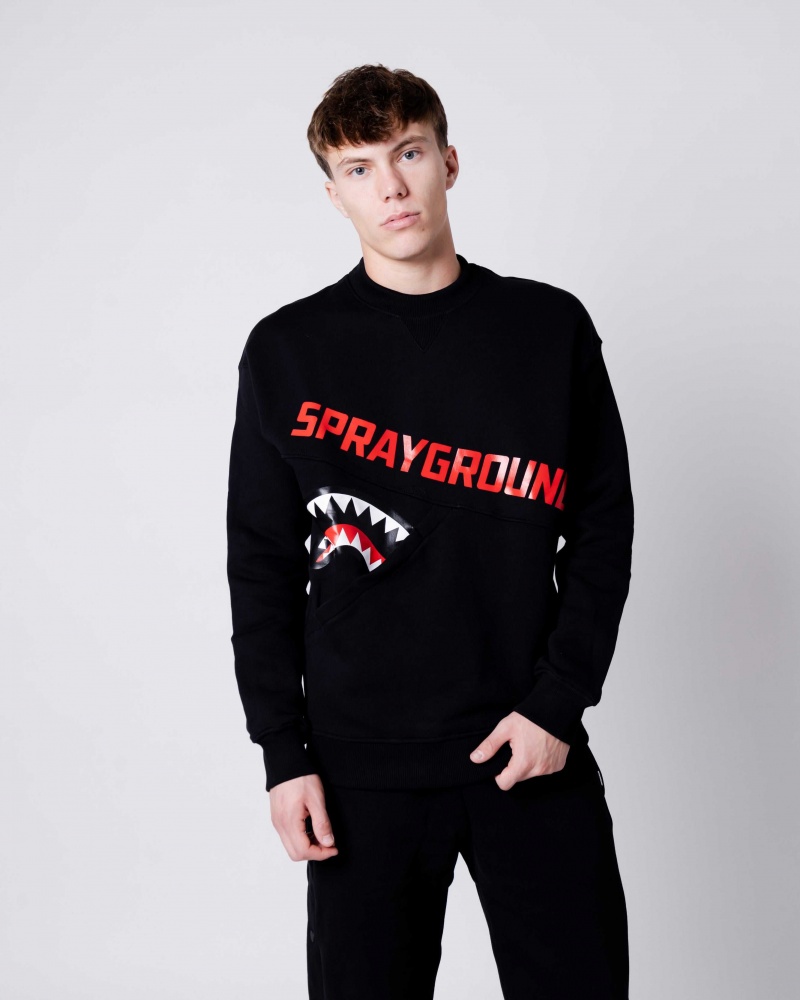 Sprayground Sweatshirt SHARK DIAGONAL POCKET CREWNECK Black | VSENA2543