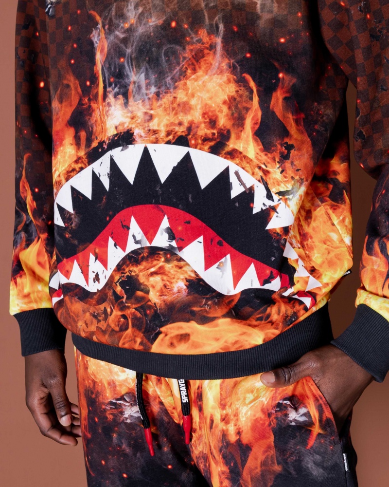 Sprayground Sweatshirt SHARK ON FIRE CREWNECK Brown | OUIYB4032