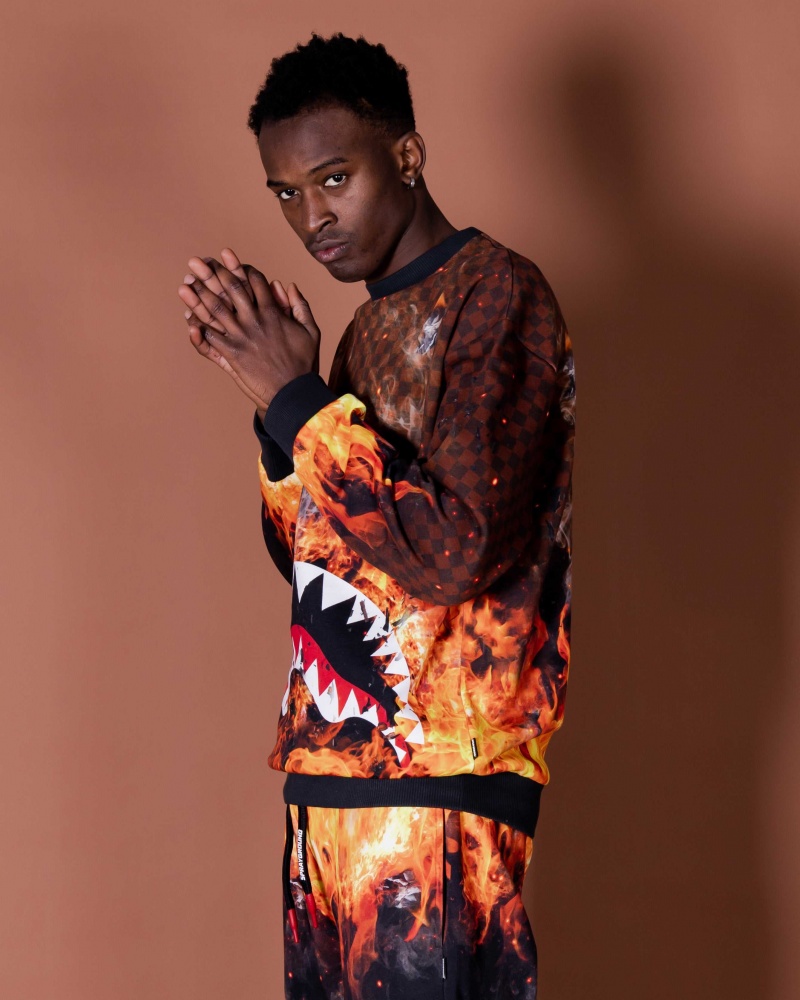 Sprayground Sweatshirt SHARK ON FIRE CREWNECK Brown | OUIYB4032