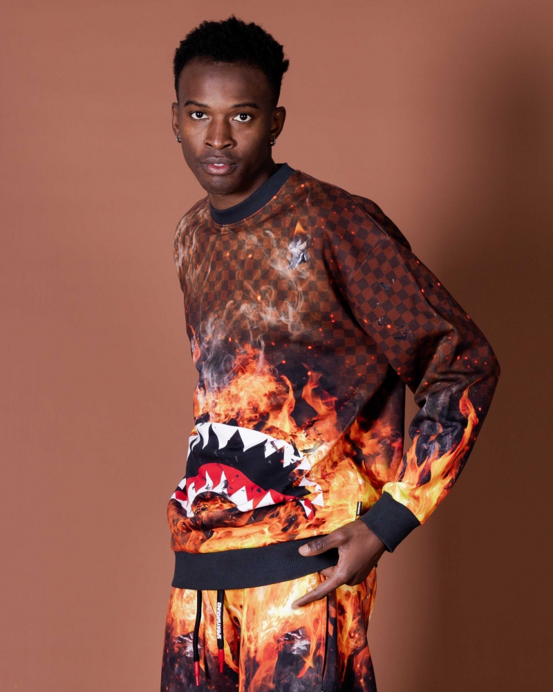 Sprayground Sweatshirt SHARK ON FIRE CREWNECK Brown | OUIYB4032