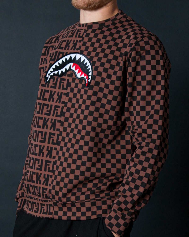 Sprayground Sweatshirt SPLIT THE CHECK CREW Brown | XPSBZ4058