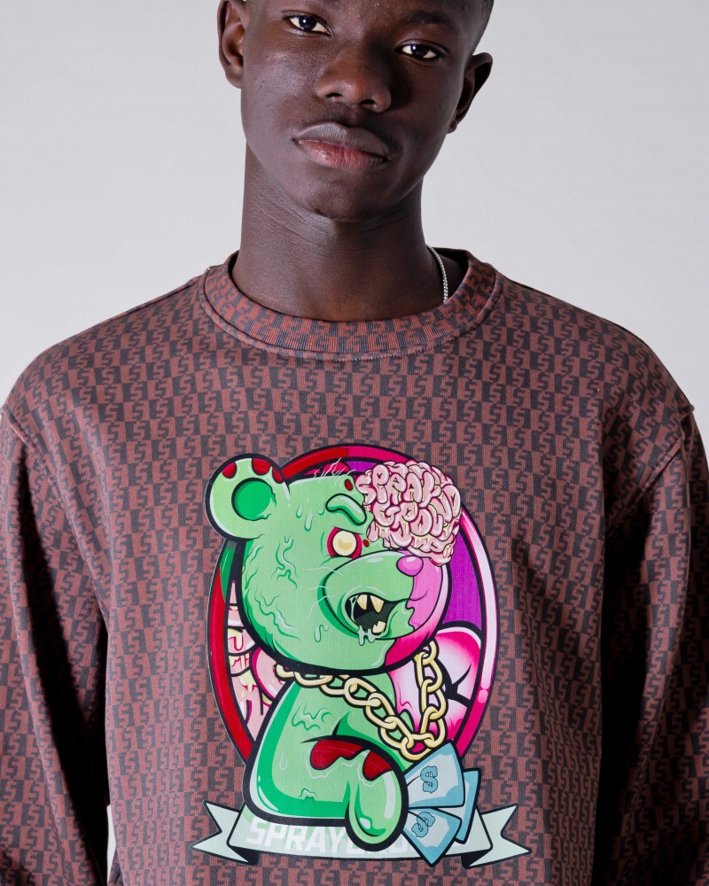 Sprayground Sweatshirt ZOMBIE BEAR MONEY CHECKERED CREWNECK Brown | OYMKW6391