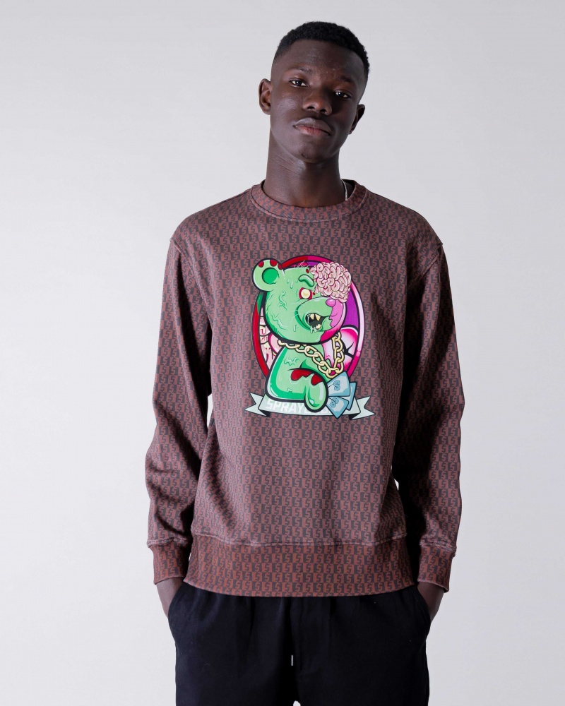 Sprayground Sweatshirt ZOMBIE BEAR MONEY CHECKERED CREWNECK Brown | OYMKW6391