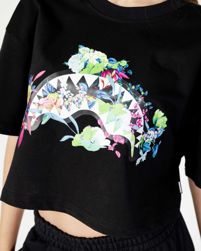 Sprayground T-shirts NEON FLORAL SHARK TEE CROP Black | HPQRN5279