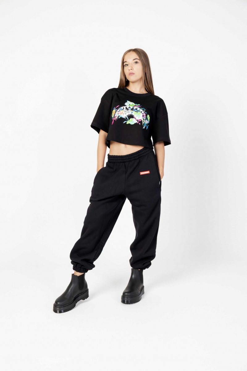 Sprayground T-shirts NEON FLORAL SHARK TEE CROP Black | HPQRN5279