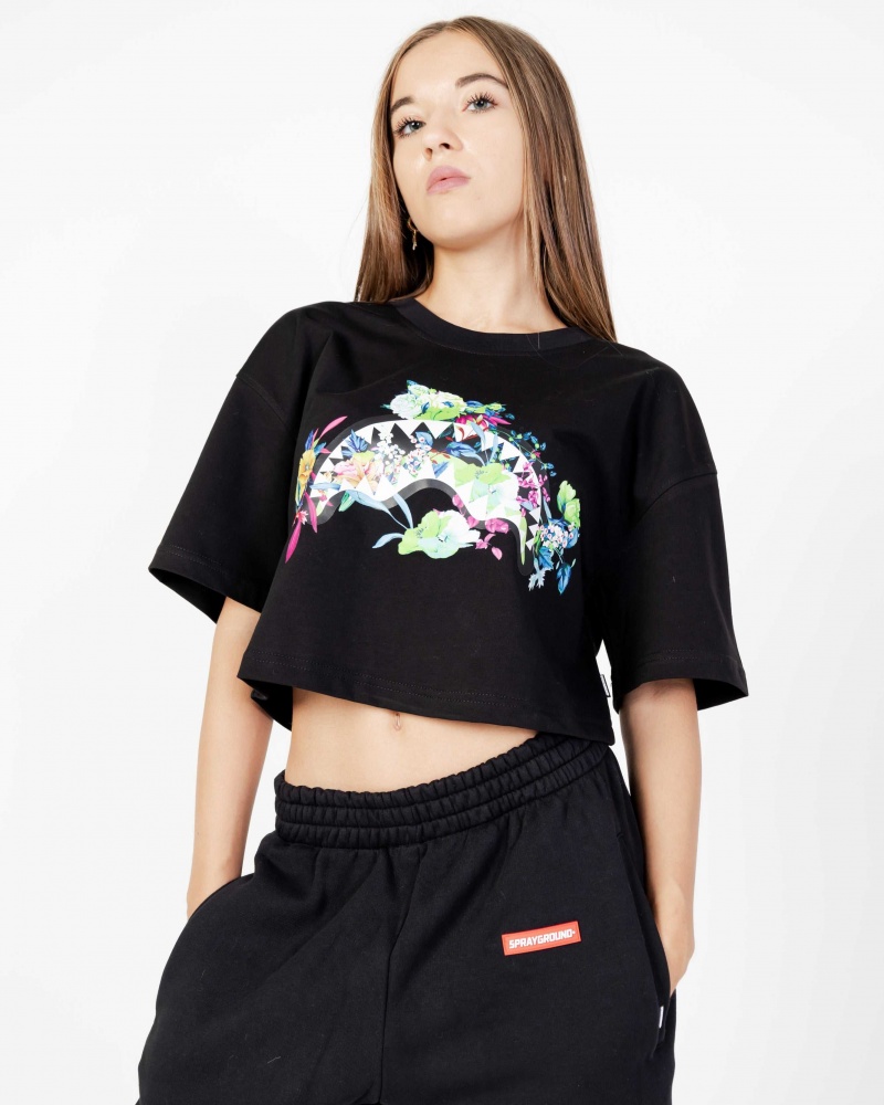 Sprayground T-shirts NEON FLORAL SHARK TEE CROP Black | HPQRN5279